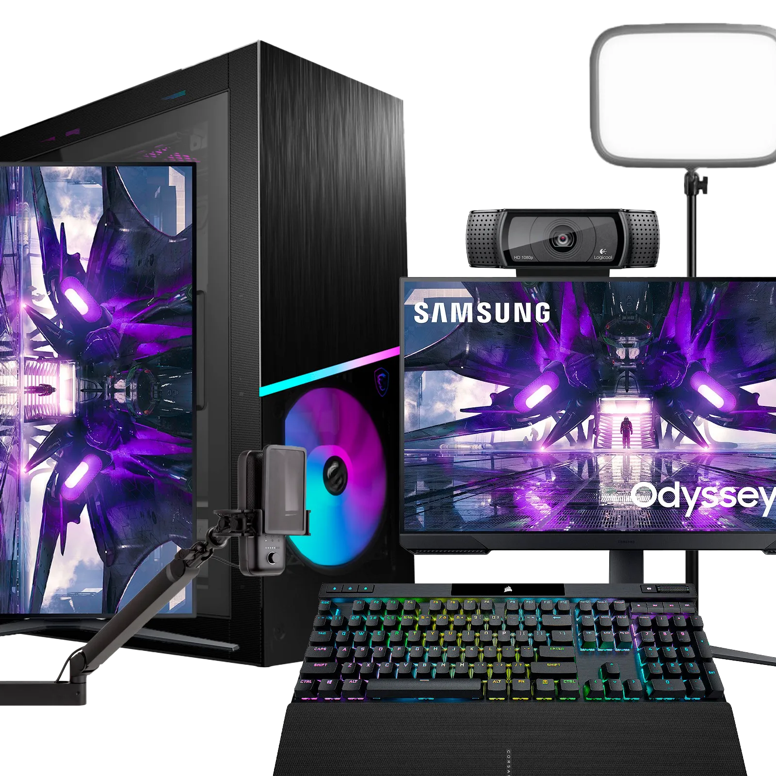 Setup de streaming avec PC, écran, webcam et éclairage